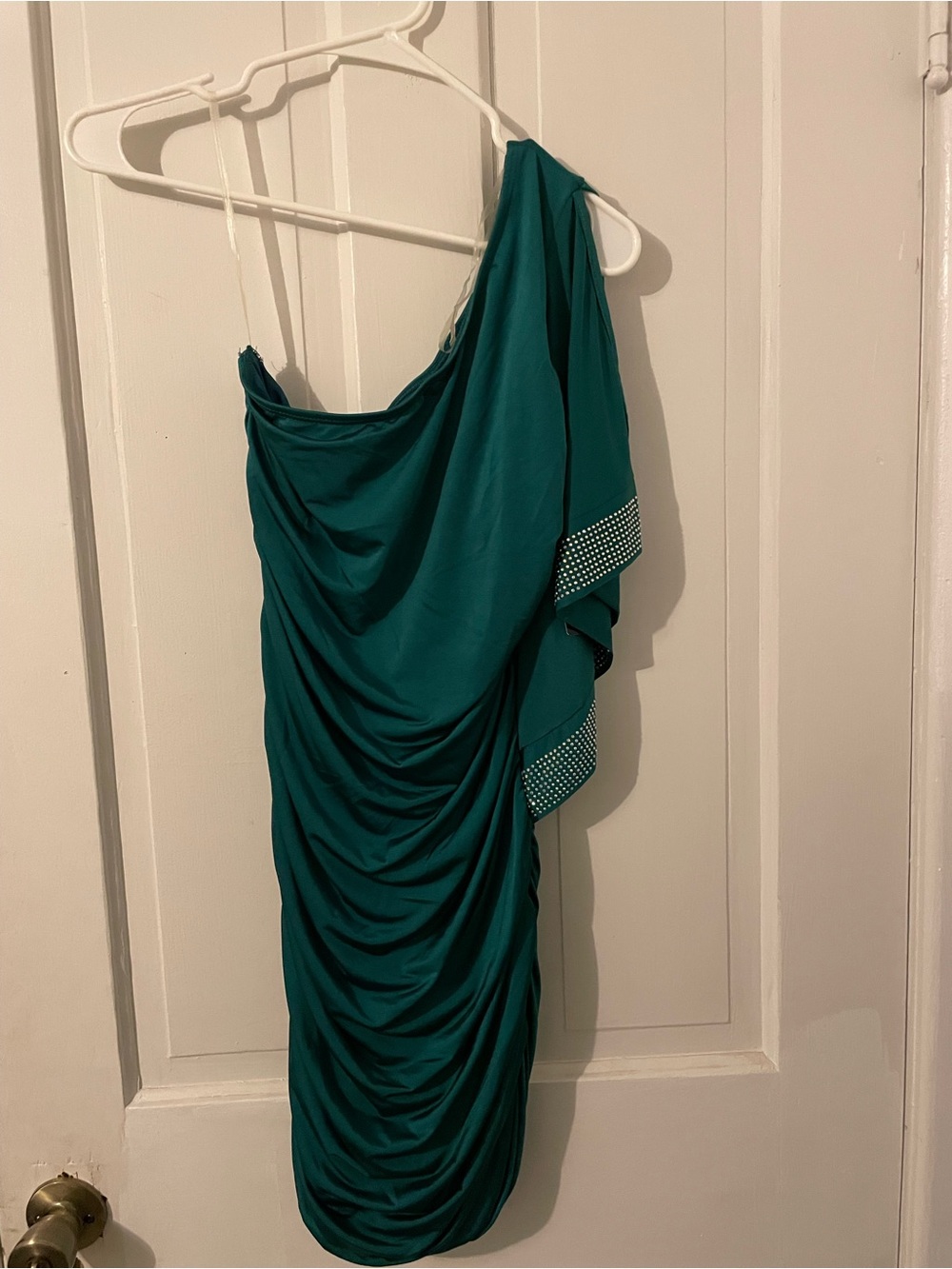 Goddess Teal One-Shoulder Ruched Mini Dress with Beaded Accent Size M